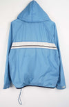 Blue hooded jacket with a white stripe on a white background