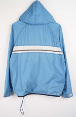 Blue hooded jacket with a white stripe on a white background