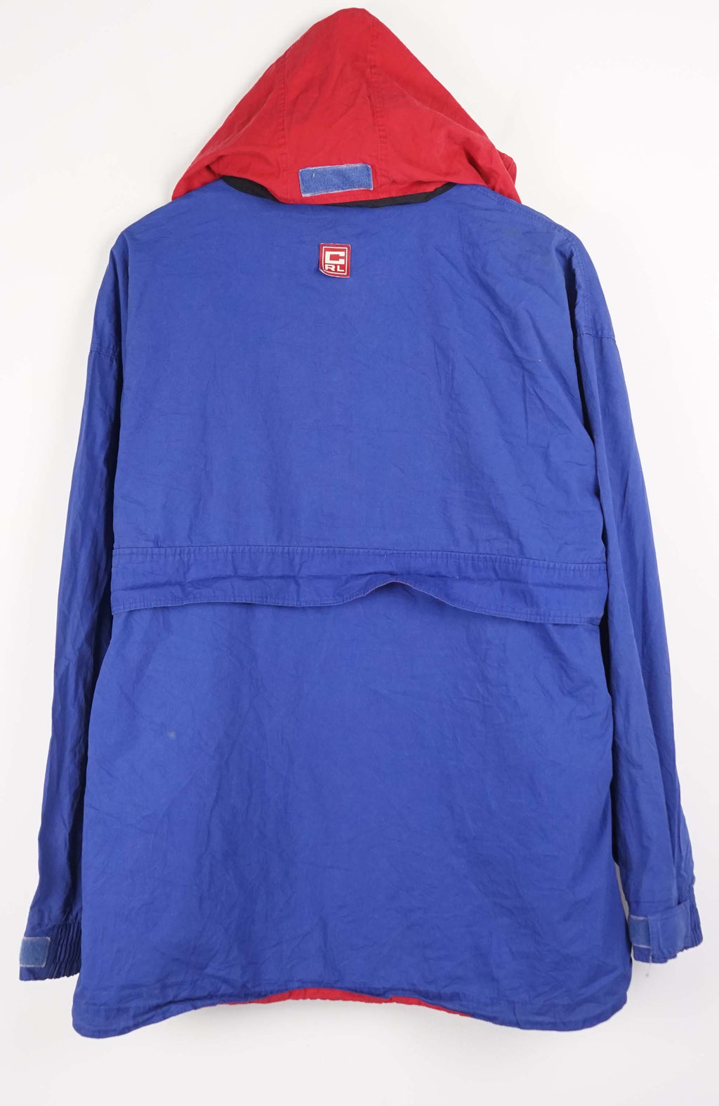 Blue and red hooded jacket on a white background
