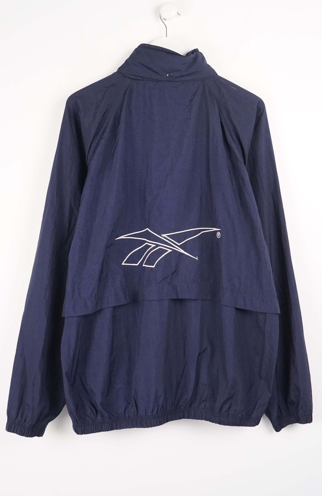 Navy blue jacket with a brand logo on a white background