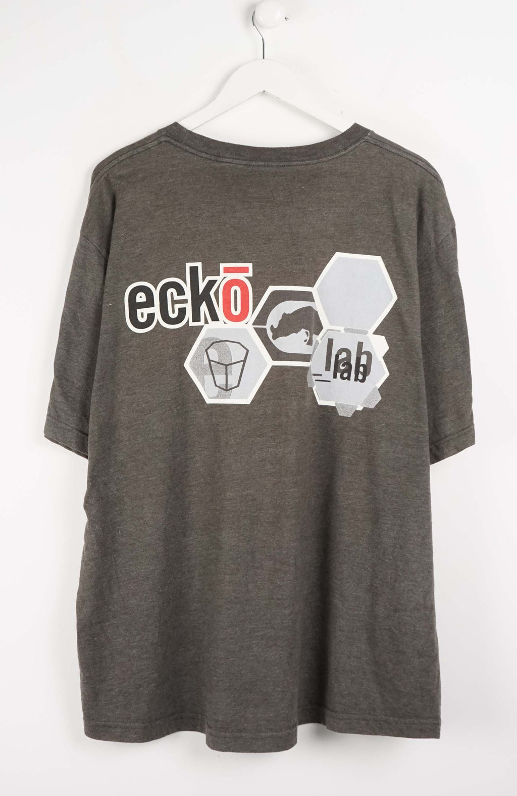 Gray t-shirt with a rhino graphic on a white background