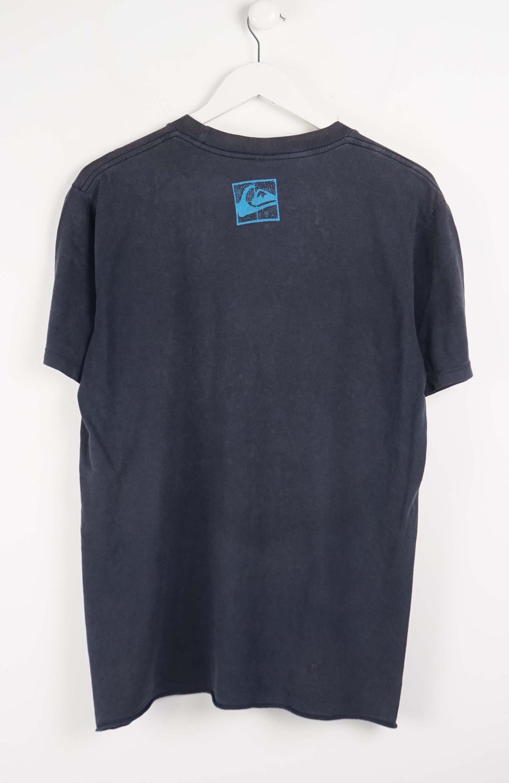 Navy blue t-shirt with colorful logo on a white background