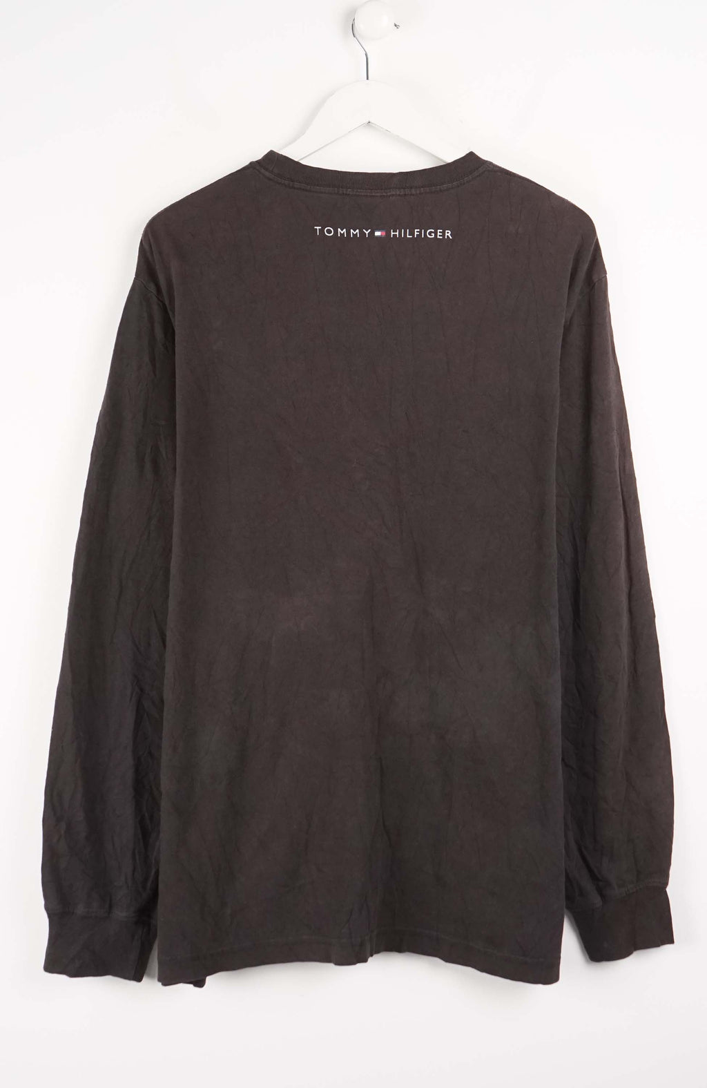 Brown long-sleeve shirt with a logo on a white background