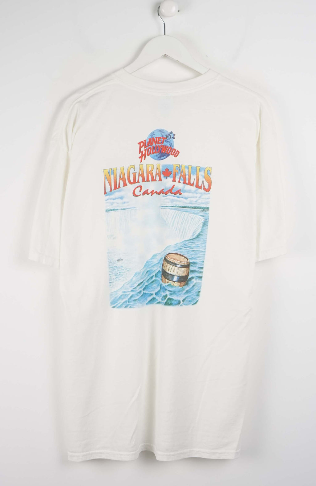 White long-sleeve shirt with a colorful graphic on a white background