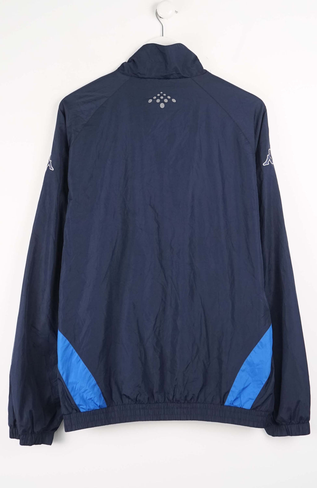 Navy blue jacket with white accents on a white background