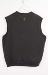 Black sleeveless shirt on a white hanger with a white background