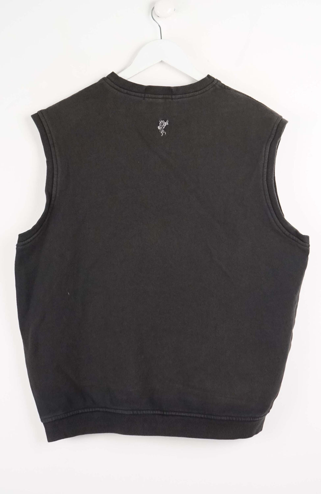 Black sleeveless shirt with a logo on a white background