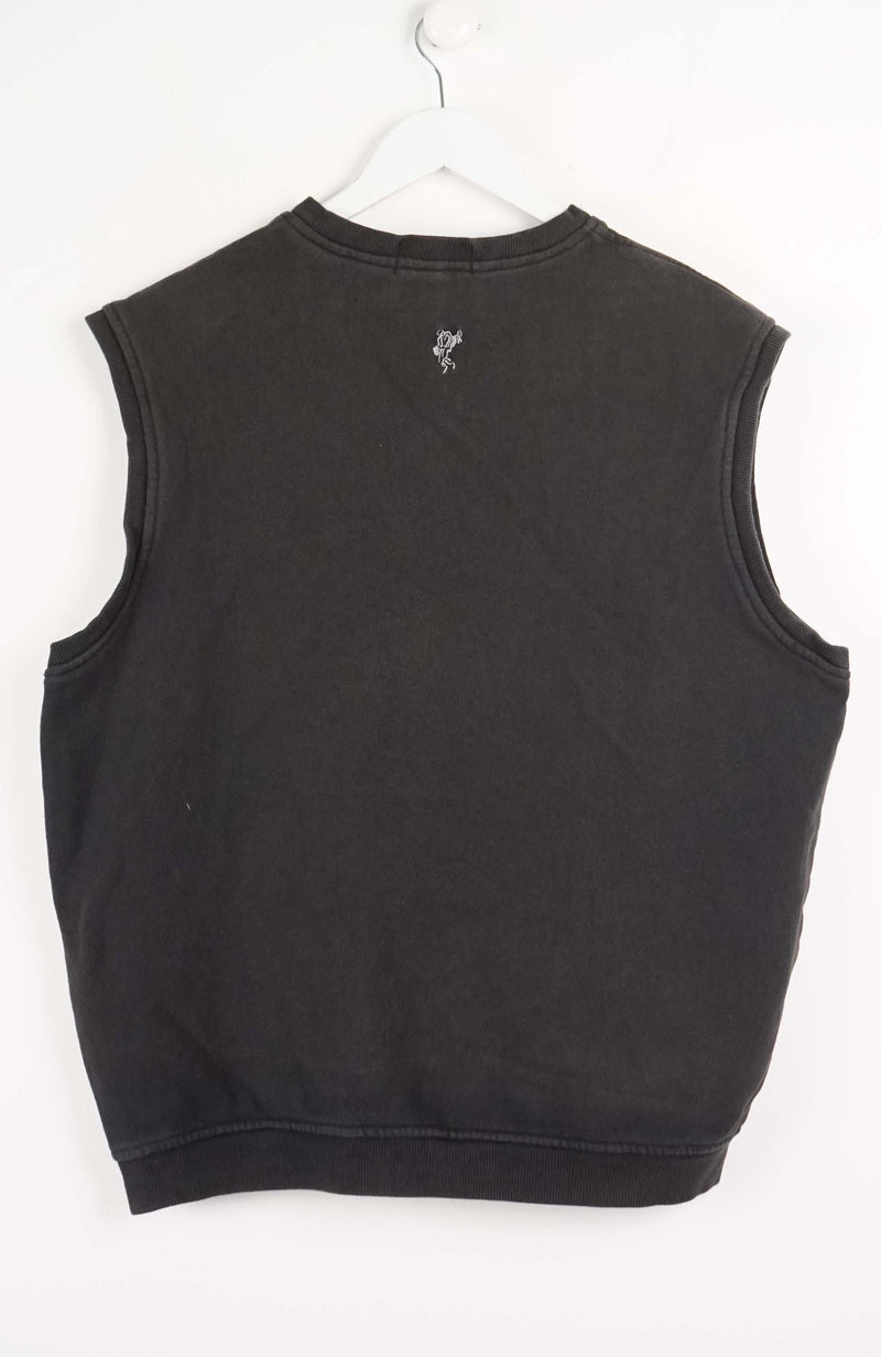 Black sleeveless shirt on a white hanger with a white background