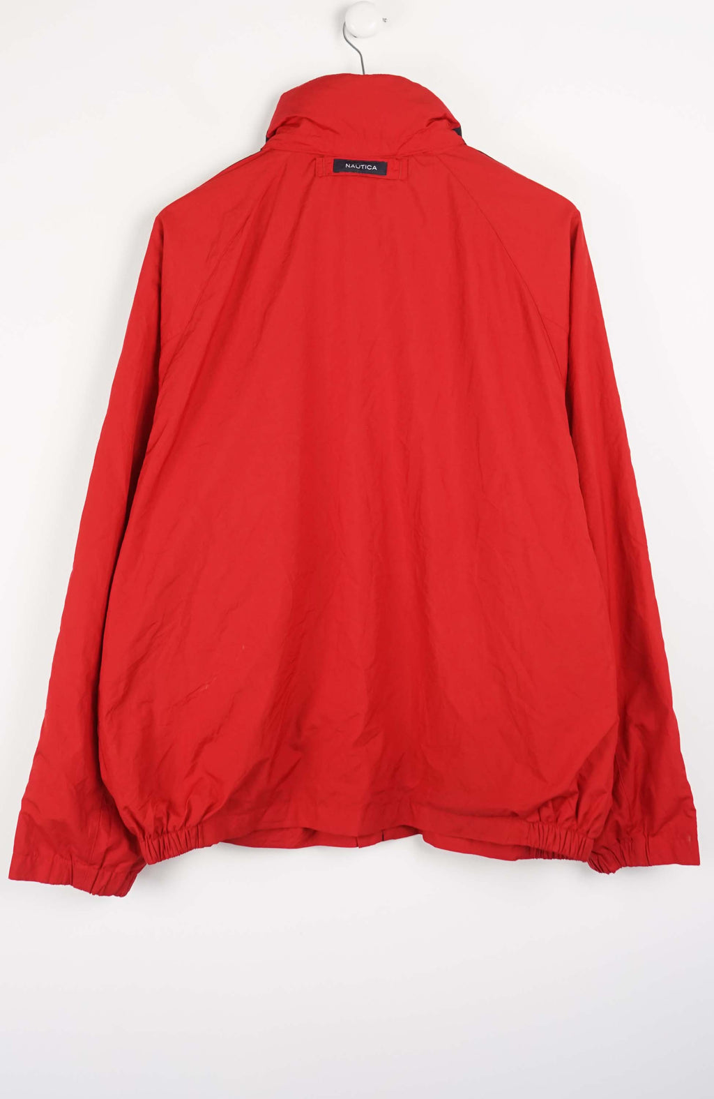Red jacket with reflective stripes and a visible brand logo on a white background