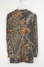Camouflage-patterned long-sleeve shirt on a white hanger