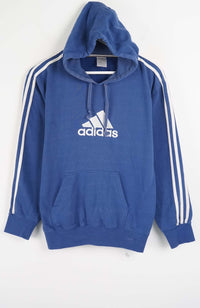 Blue Adidas hoodie with white stripes on a white background