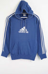 Blue Adidas hoodie with white stripes on a white background