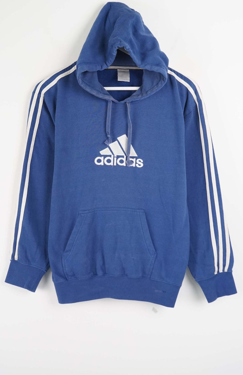 Blue Adidas hoodie with white stripes on a white background