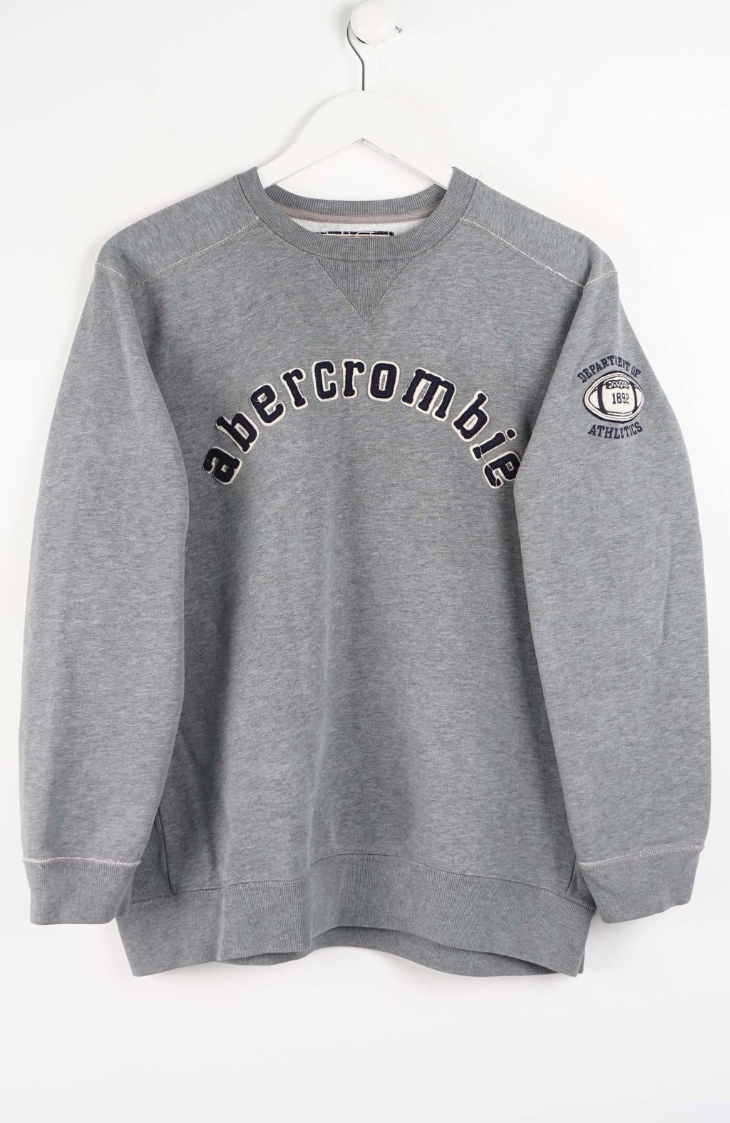 Gray sweatshirt with Abercrombie logo on a white background