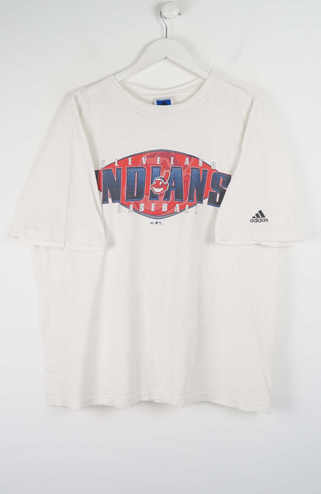 White sweatshirt with 'Indians' and Adidas logo on a white background