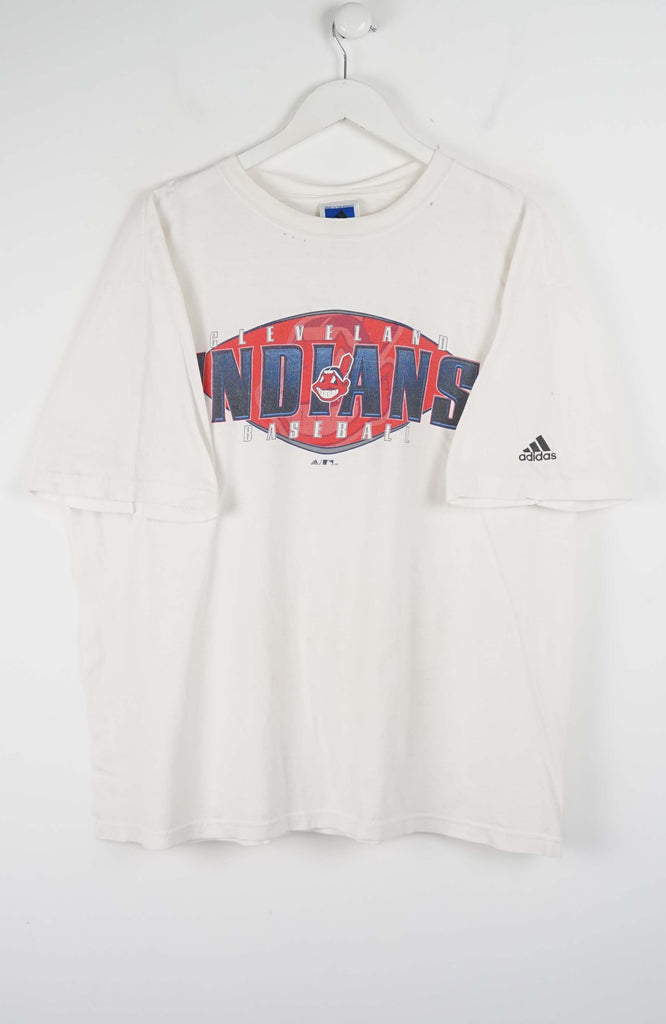White sweatshirt with 'Indians' and Adidas logo on a white background