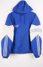 Blue and white Adidas jacket with brand logos on a white background