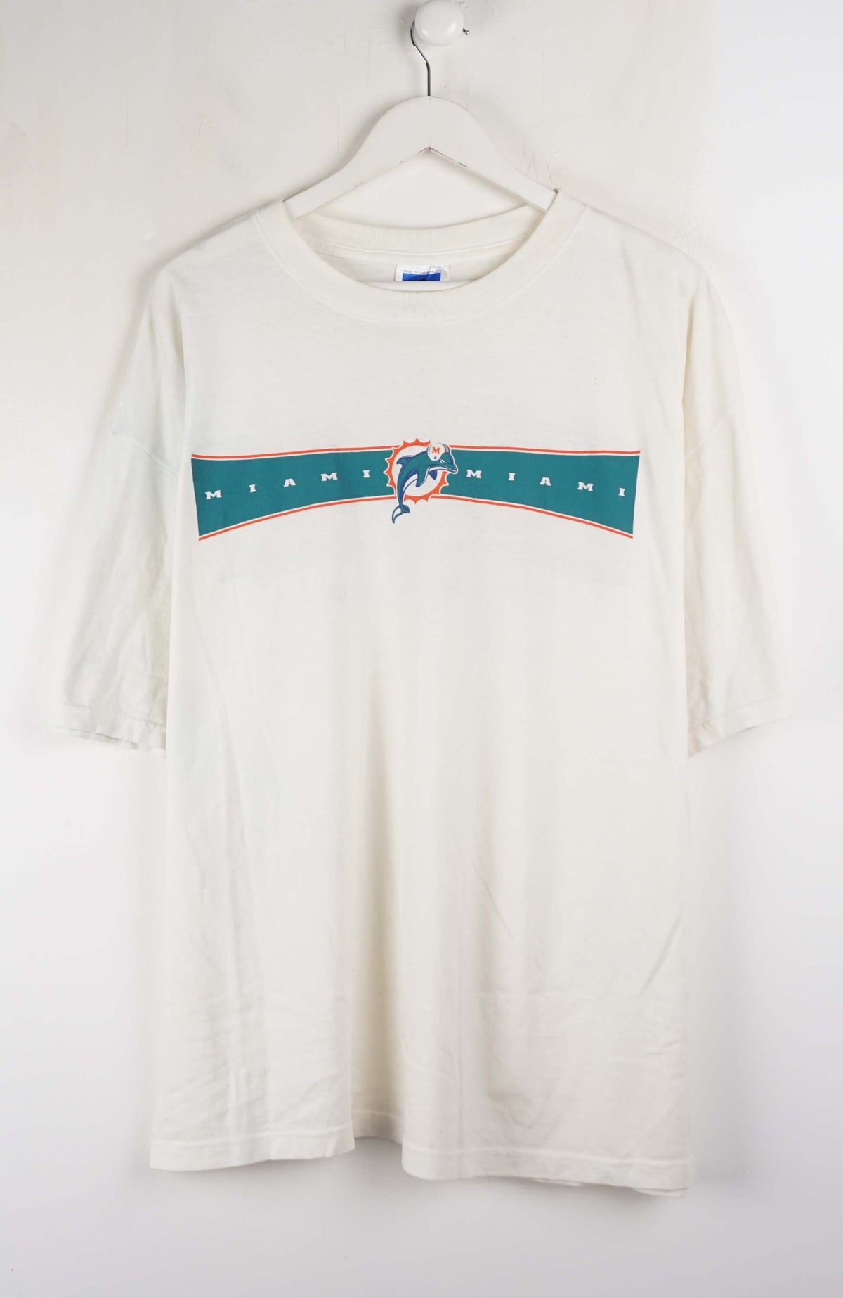 White t-shirt with 'Miami' text and logo on a white background