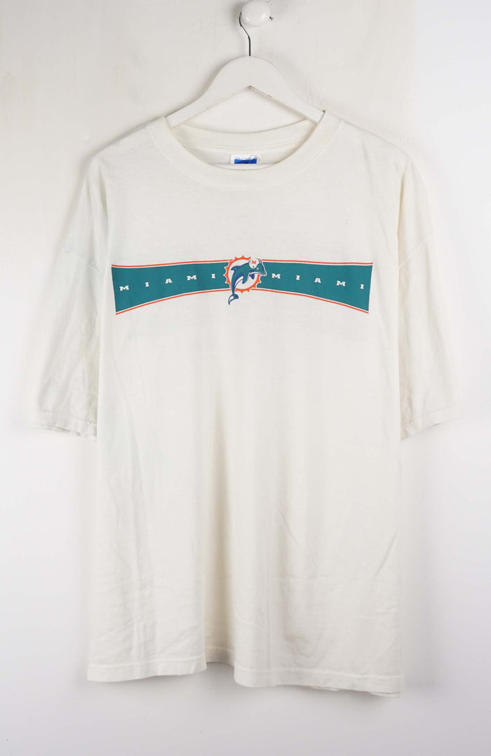 White t-shirt with 'Miami' text and logo on a white background