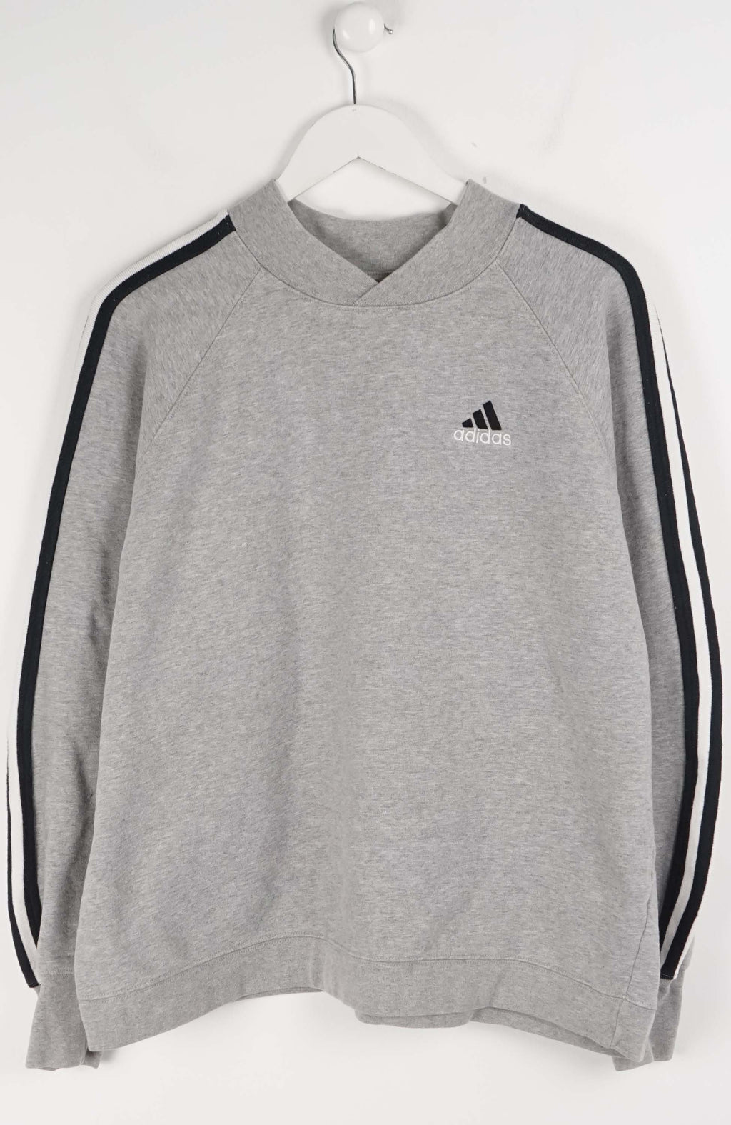 Gray Adidas sweatshirt with black stripes on a white background