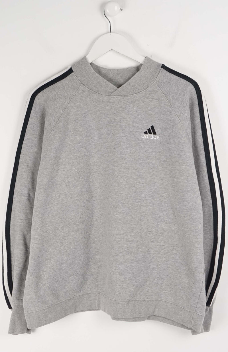 Gray Adidas sweatshirt with black stripes on a white background