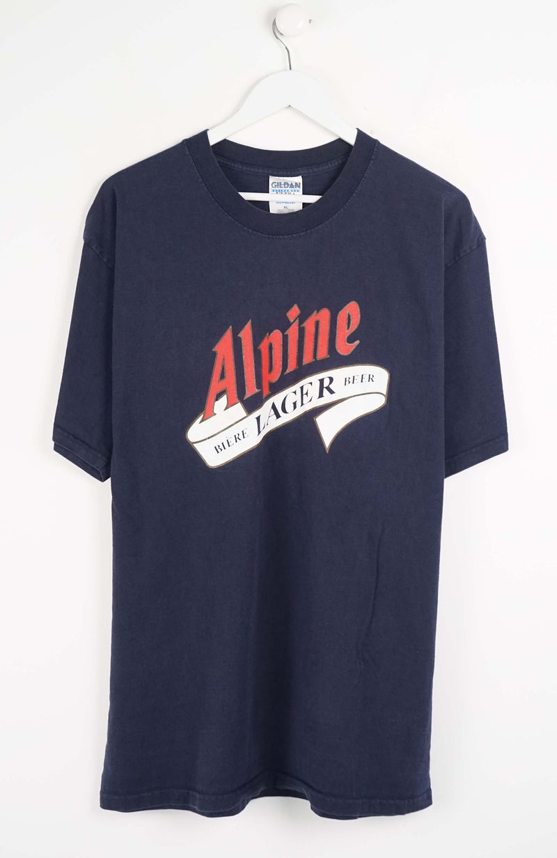 Navy blue t-shirt with red and white logo on a white background