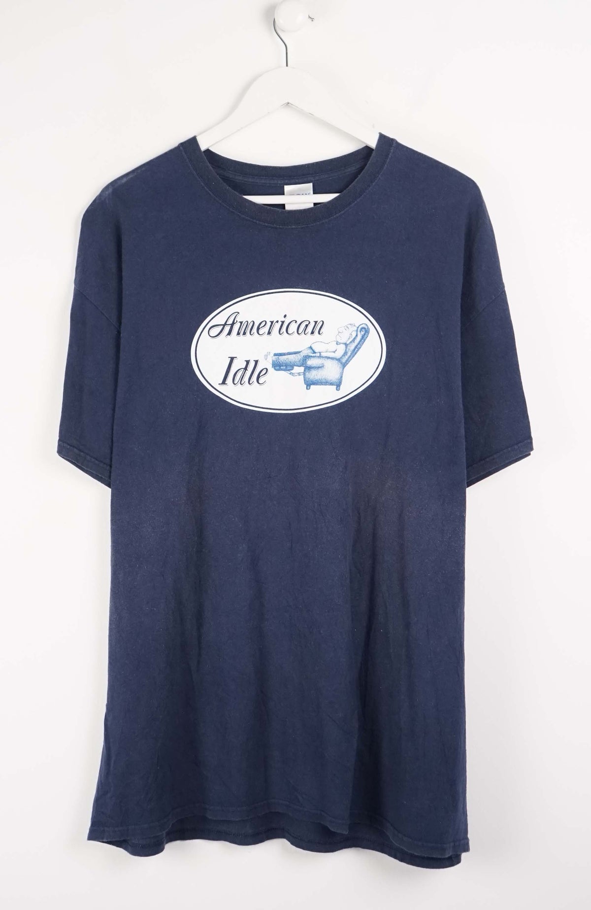 Navy blue t-shirt with 'American Idle' logo on a white background