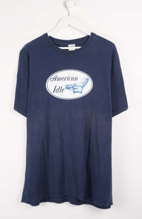 Navy blue t-shirt with 'American Idle' logo on a white background