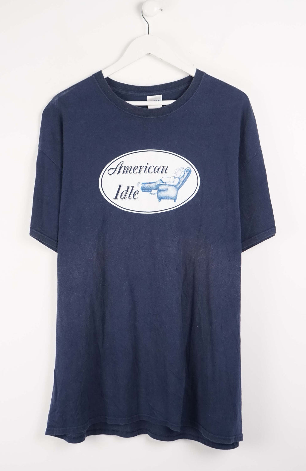 Navy blue t-shirt with 'American Idle' logo on a white background
