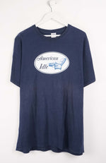 Navy blue t-shirt with 'American Idle' logo on a white background