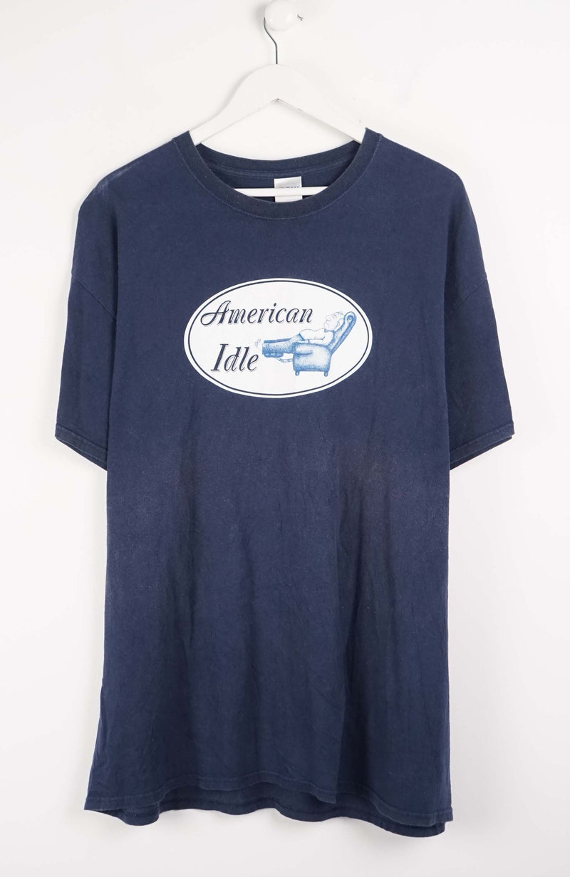 Navy blue t-shirt with 'American Idle' logo on a white background