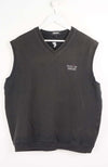 Black sleeveless shirt with a logo on a white background