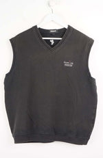 Black sleeveless shirt with a logo on a white background