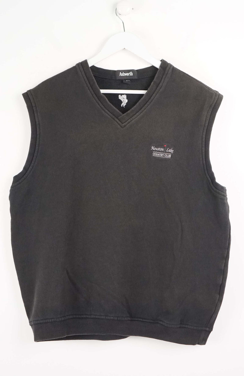 Black sleeveless shirt with a logo on a white background