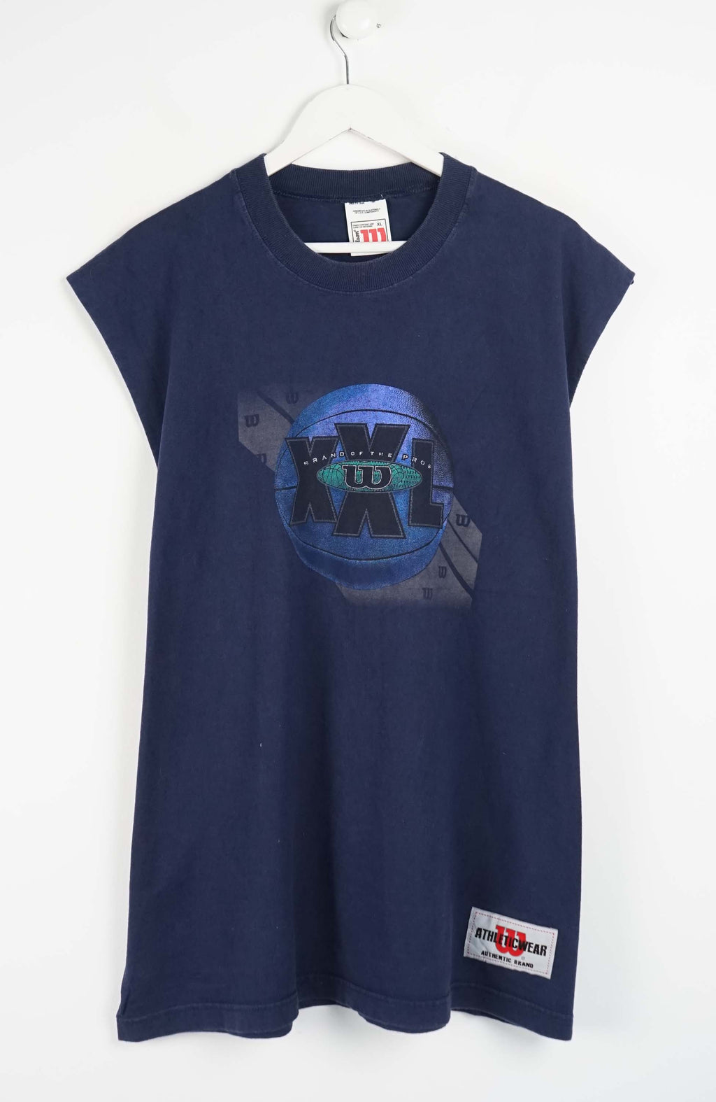Navy blue t-shirt with a logo on a white background