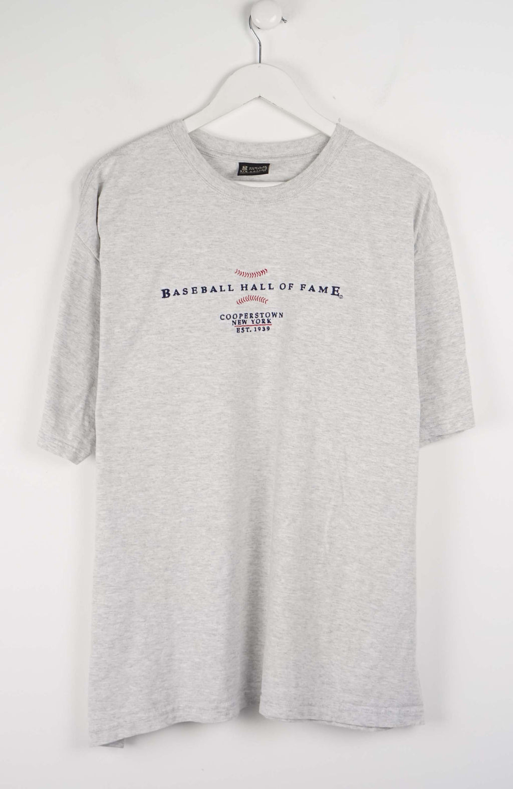 Gray t-shirt with 'Baseball Hall of Fame' text on a white background