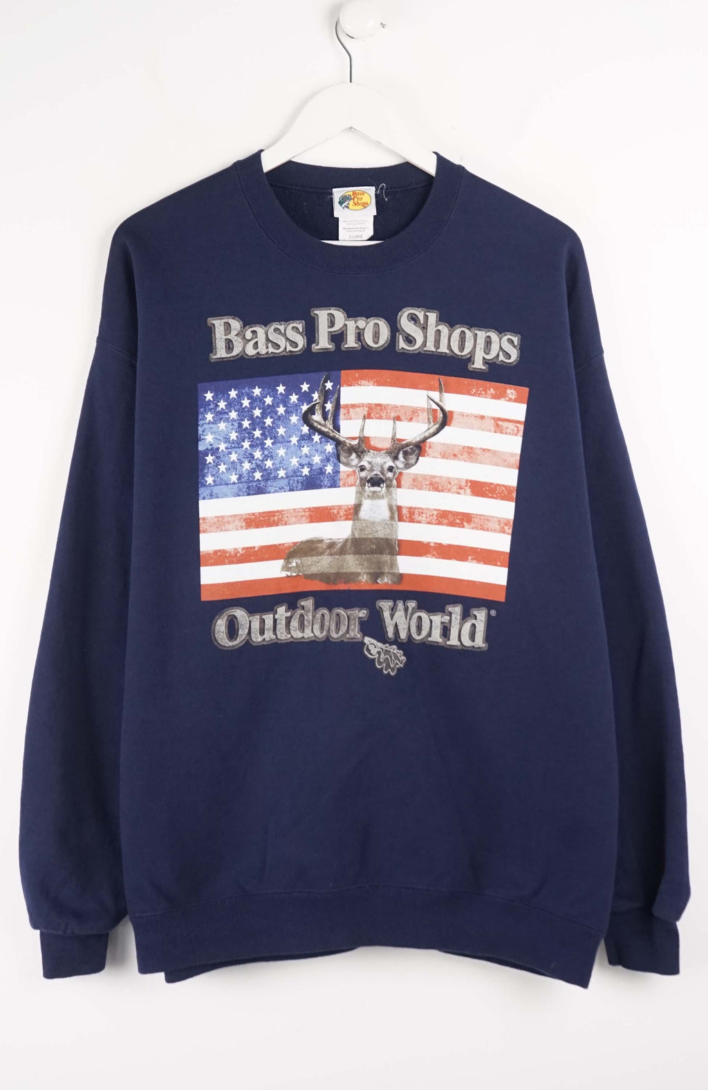Navy blue sweatshirt with Bass Pro Shops and American flag graphic on a white background