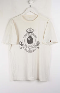 White t-shirt with a logo on a white background