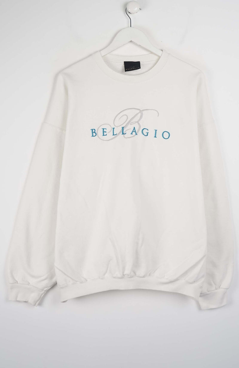 White sweatshirt with 'Bellagio' logo on a white background