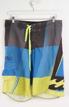 Multicolored shorts with a brand logo on a white background