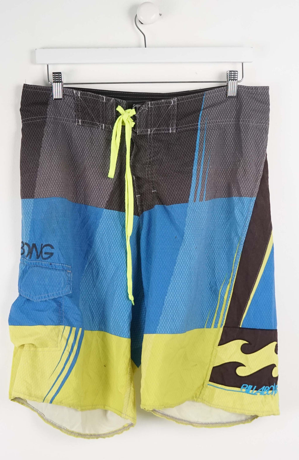 Multicolored shorts with a brand logo on a white background