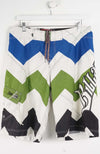 Colorful zigzag patterned shorts on a white background