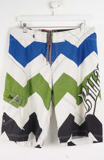 Colorful zigzag patterned shorts on a white background