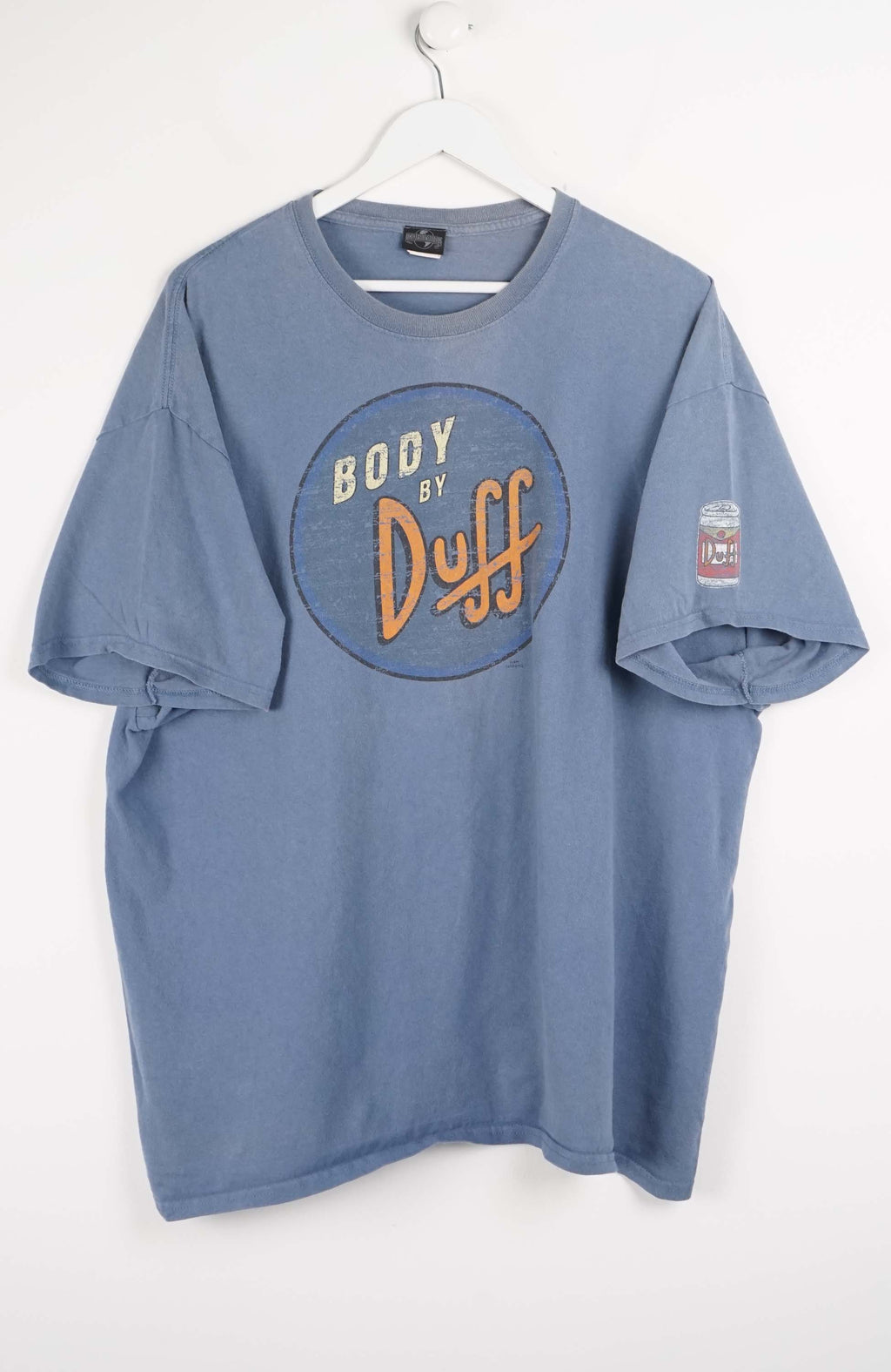 Blue t-shirt with 'Body by Duff' graphic on a white background