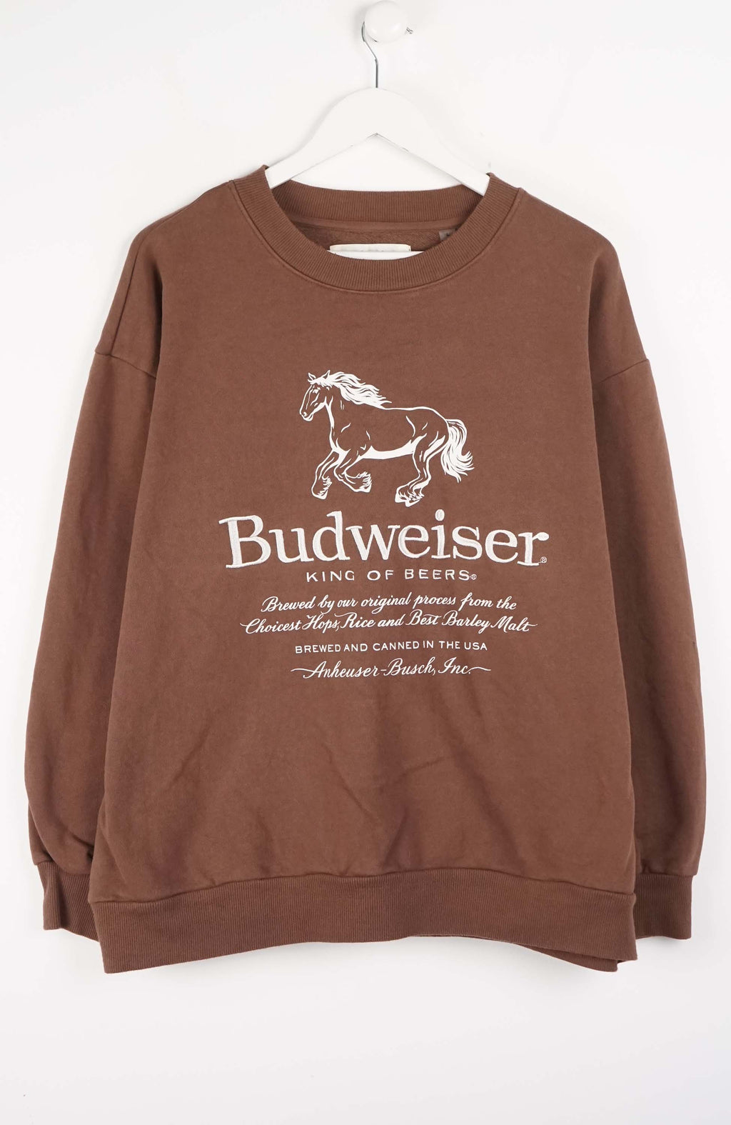 Brown sweatshirt with Budweiser logo featuring a horse on a white background