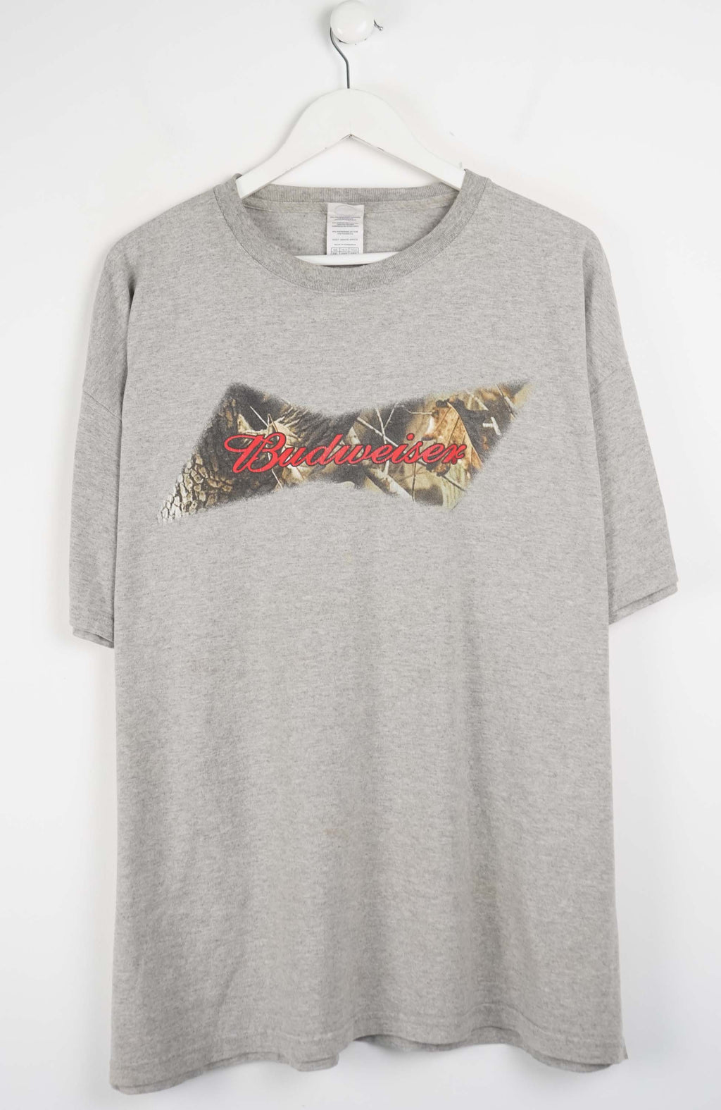 Gray t-shirt with Budweiser logo on a white hanger