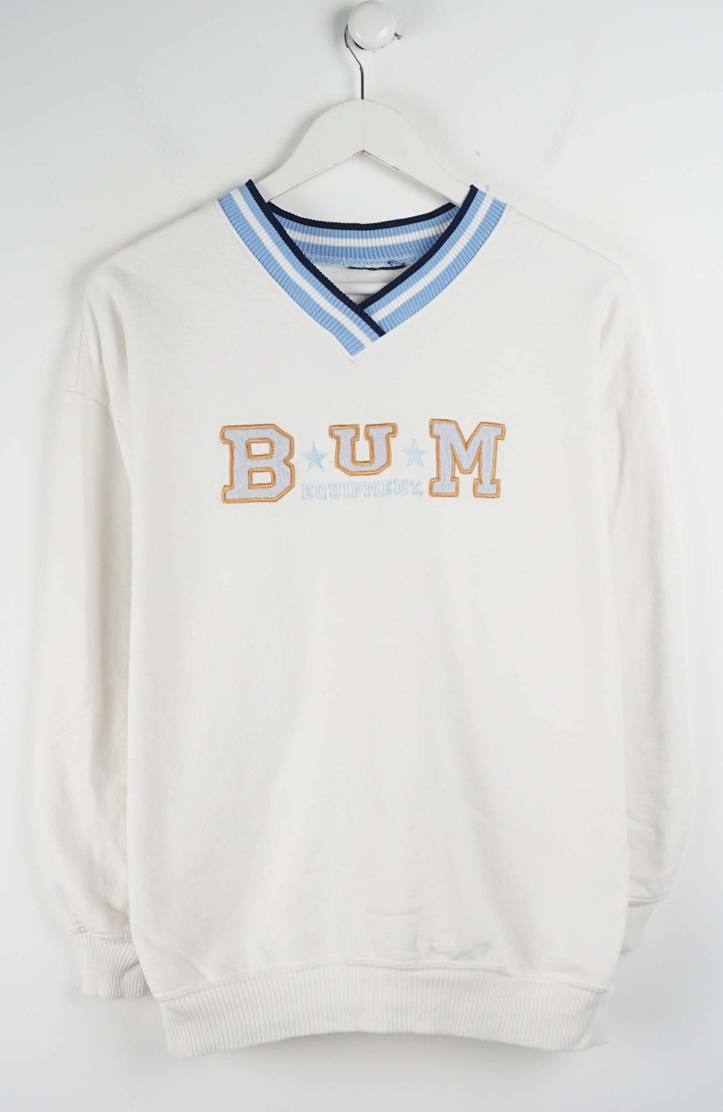 White sweatshirt with 'BUM' text on a white background