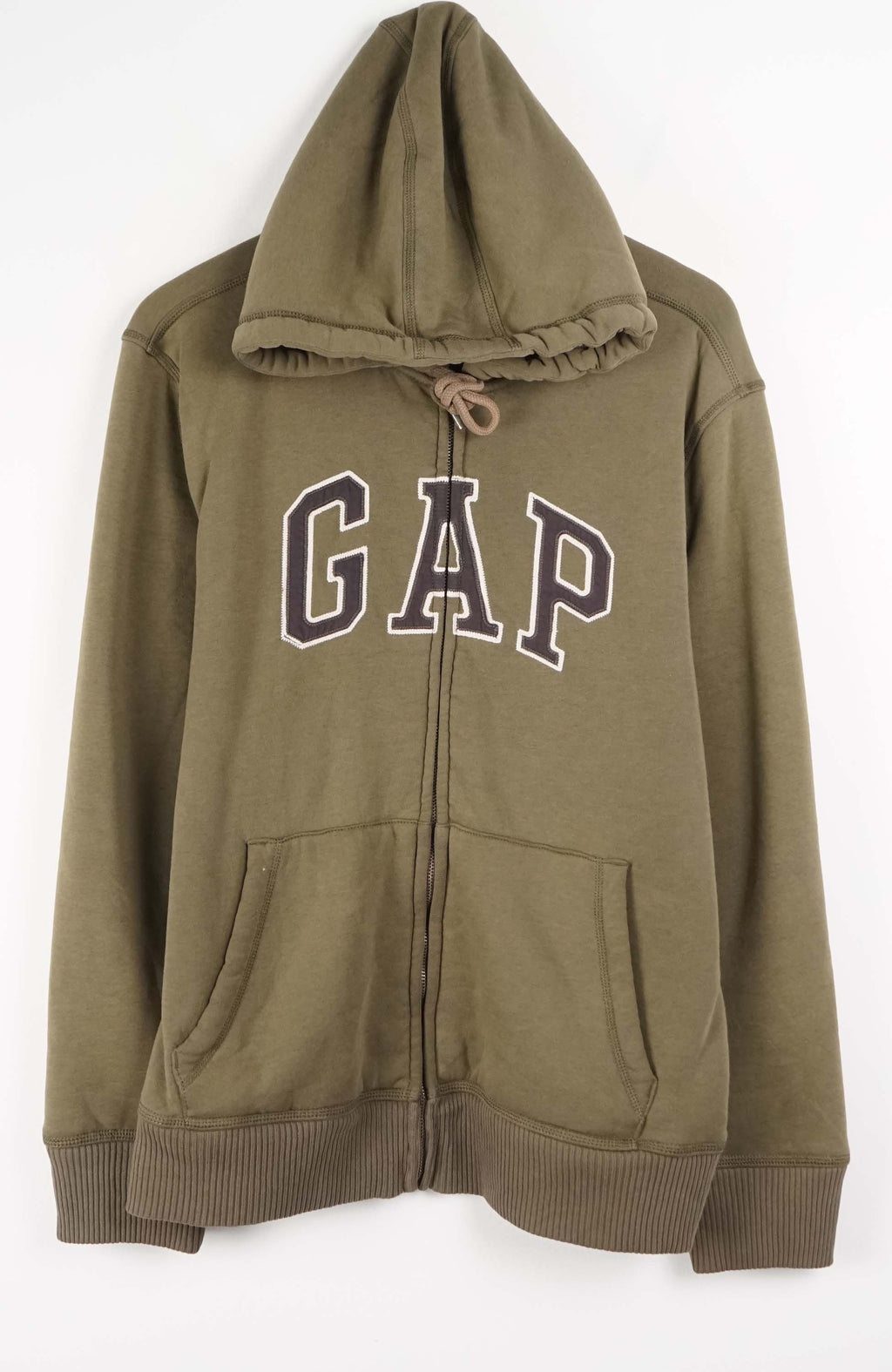 Green hoodie with 'GAP' logo on a white background