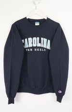 Navy blue sweatshirt with 'Carolina Tar Heels' text on a white background