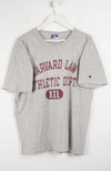 Gray t-shirt with 'Harvard Law Athletic Dept.' text on a white background